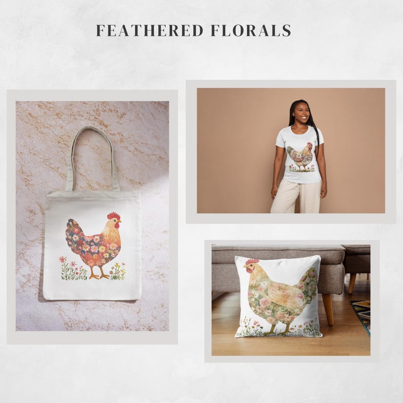 Floral Chicken Clipart: Cottagecore Watercolour PNG (300 DPI) for Crafts
