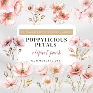 Rosa Blumen Aquarell Clipart Bundle | Altrosa, Mauve & Goldmohnblumen | Florale PNGs für Scrapbooking, Einladungen und kreative Projekte