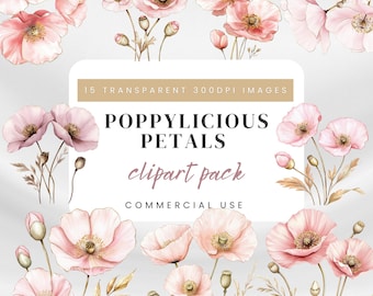 Clipart de acuarela de flores rosas: rosas, amapolas y flores doradas PNG