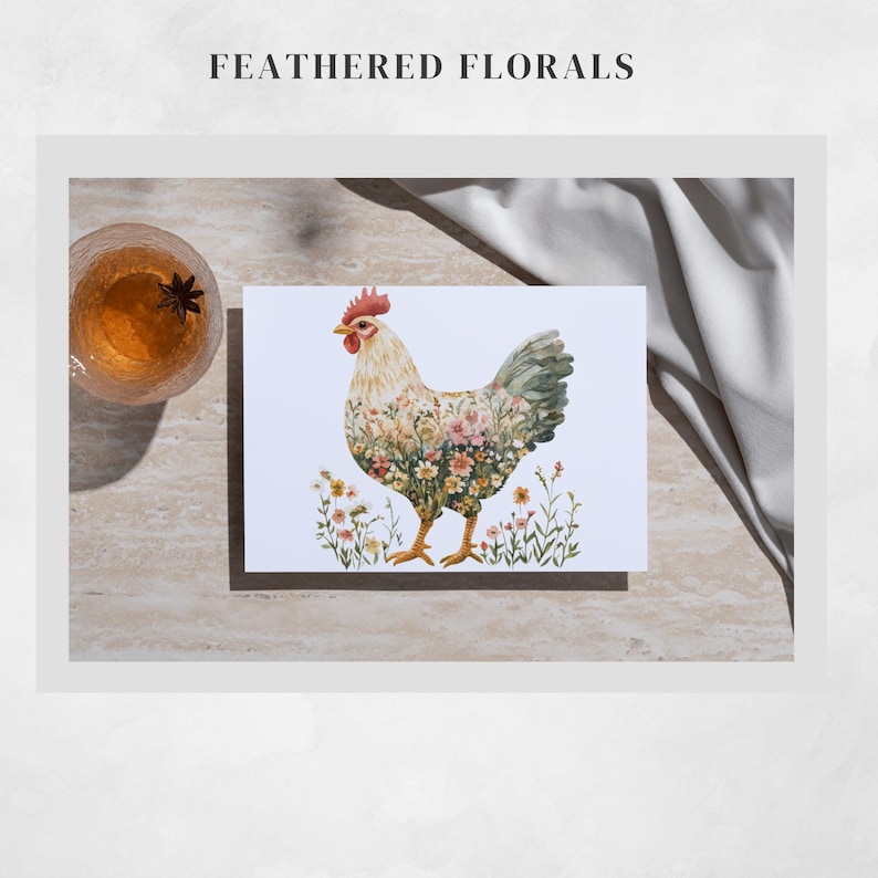 Floral Chicken Clipart: Cottagecore Watercolour PNG (300 DPI) for Crafts