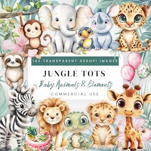 Clipart di animali della giungla, acquerello di un cucciolo di safari, leone, tigre, scimmia, giraffa, PNG, per cameretta dei bambini, baby shower, artigianato, scrapbooking