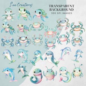 Sea Animals Clipart: Watercolour Undersea Baby Shower Nursery Art (PNG & JPG) Digital Download #DesignMediaElements