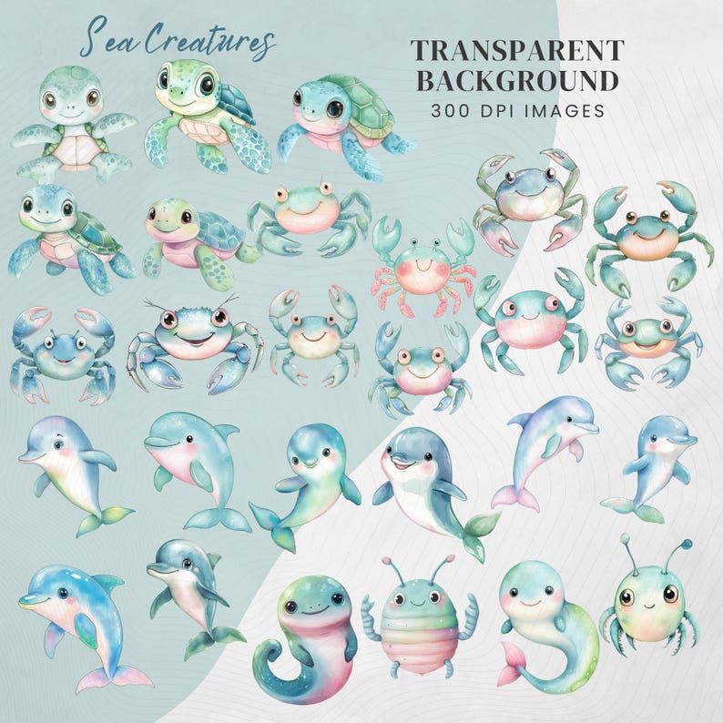Sea Animals Clipart: Watercolour Undersea Baby Shower Nursery Art (PNG & JPG) Digital Download #DesignMediaElements