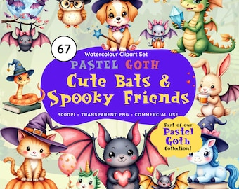 Clipart animal effrayant pastel : chauves-souris, chats, dragons (téléchargement numérique PNG)