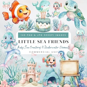 Sea Animals Clipart: Watercolour Undersea Baby Shower Nursery Art (PNG & JPG) Digital Download