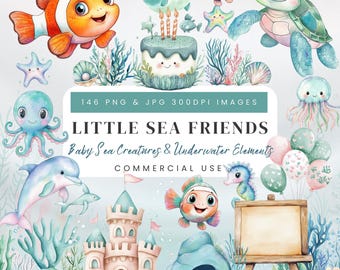 Under The Sea Animals Clipart Images| Watercolour Undersea Cute Baby Animals PNG | Nursery Wall Art, Baby Shower, Scrapbooking & Sublimation