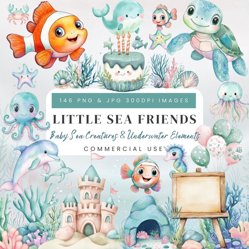 Sea Animals Clipart: Watercolour Undersea Baby Shower Nursery Art (PNG & JPG) Digital Download #DesignMediaElements