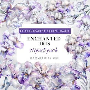 Pacote de Cliparts de Íris Lilás | Flores Roxas e Brancas Brilhantes em Aquarela | PNGs Florais para Scrapbooking, Convites e Projetos Criativos