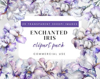 Watercolor Iris Clipart Bundle: Lilac, Purple & White Floral PNGs (Commercial Use)