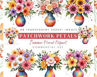 Clipart fleur : compositions florales colorées dans des vases, 300 DPI PNGs (téléchargement numérique)