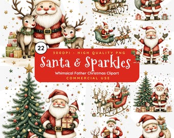 Clipart père Noël : aquarelle pastel père Noël lutins et rennes 300 DPI PNG (téléchargement numérique)
