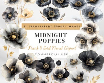 Black and Gold Poppy Clipart: Moody Watercolour Floral PNGs (Digital Download)