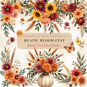 Puede incluir: Ilustración digital de un paquete de imágenes prediseñadas florales de otoño. El diseño presenta girasoles, rosas y otras flores en tonos naranja, rojo y amarillo. Se incluye el texto "RUSTIC BLOOM FEST" y "Autumn Floral Clipart Bundle".