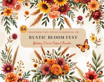 Autumn Floral Clipart: Rustic Terracotta Pumpkin, Leaves, Butterflies (Digital Download)