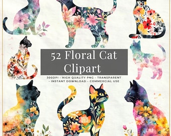 Clipart floral chat – 52 silhouettes aquarelles, journal indésirable, éphémères (téléchargement numérique)