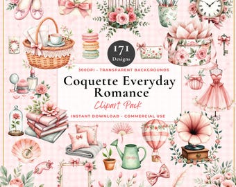 Coquette Watercolour Clipart, Romantic Feminine PNGs, Pink Bow, Lifestyle Clipart, Digital Download