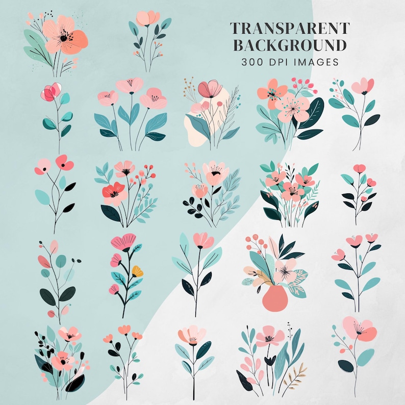 Boho Floral Clipart: Pastel Abstract Flowers (PNG Digital Download) image 3