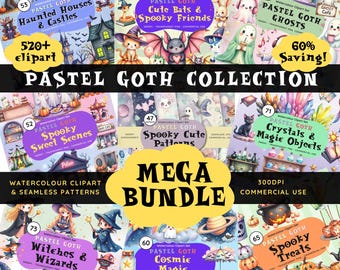Halloween Clipart MEGA BUNDLE: Pastel Goth Ghosts, Witches, Pumpkins, PNG & Patterns (Digital Download)