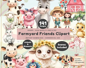 Clipart animaux de la ferme, décoration de chambre de ferme, aquarelle, baby shower PNG, amis de la ferme (téléchargement numérique)
