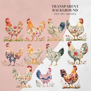 Floral Chicken Clipart: Cottagecore Watercolour PNG (300 DPI) for Crafts