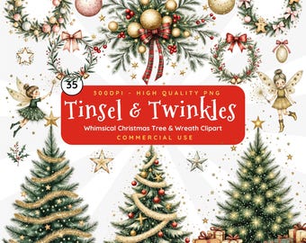 Clipart de sapin de Noël : décorations de Noël pastel fantaisistes, couronnes, boules, fées (300 DPI PNGs)