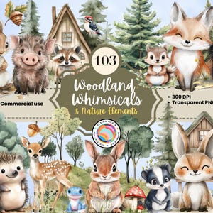 Woodland Animal Clip Art Pack met natuurelementen - aquarel grillige bosdieren, digitale download voor scrapbooking en knutselen