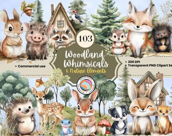 Woodland Animal Clip Art - Watercolour Whimsical Fox, Rabbit, Deer, Owl, Bear, Badger, Tree, House, Grass for Scrapbooking, Cards & Crafts