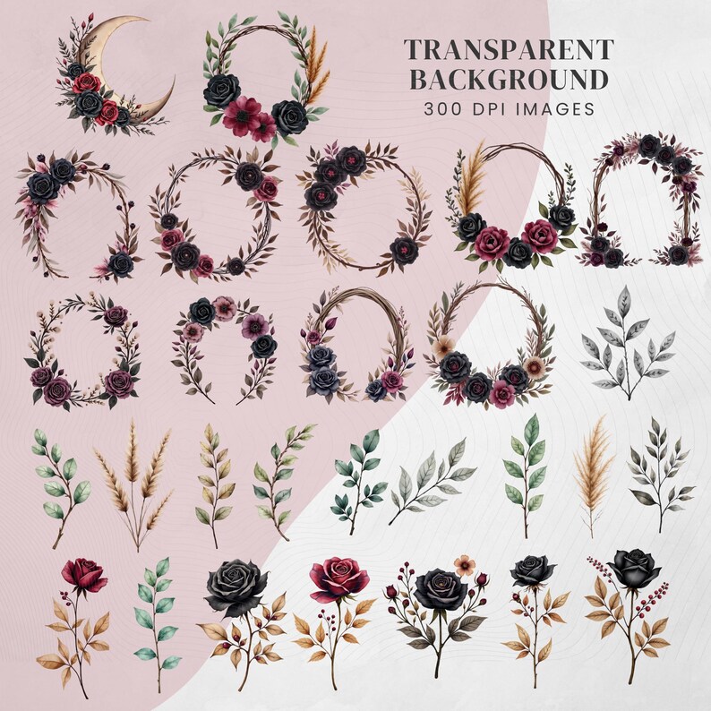 May include: Watercolor floral clip art set featuring wreaths, floral arrangements, and individual flowers in shades of burgundy, black, and cream. The text "TRANSPARENT BACKGROUND 300 DPI IMAGES" is visible.