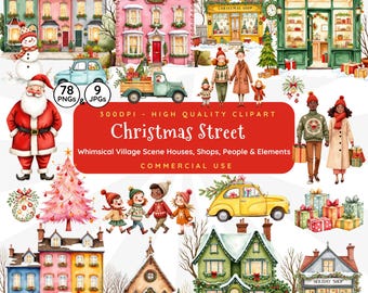 Christmas House Clipart, Vintage Christmas Shops, Village, People, Trees, Watercolour, Winter Scrapbooking, Card Making