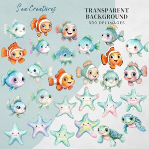 Sea Animals Clipart: Watercolour Undersea Baby Shower Nursery Art (PNG & JPG) Digital Download #DesignMediaElements