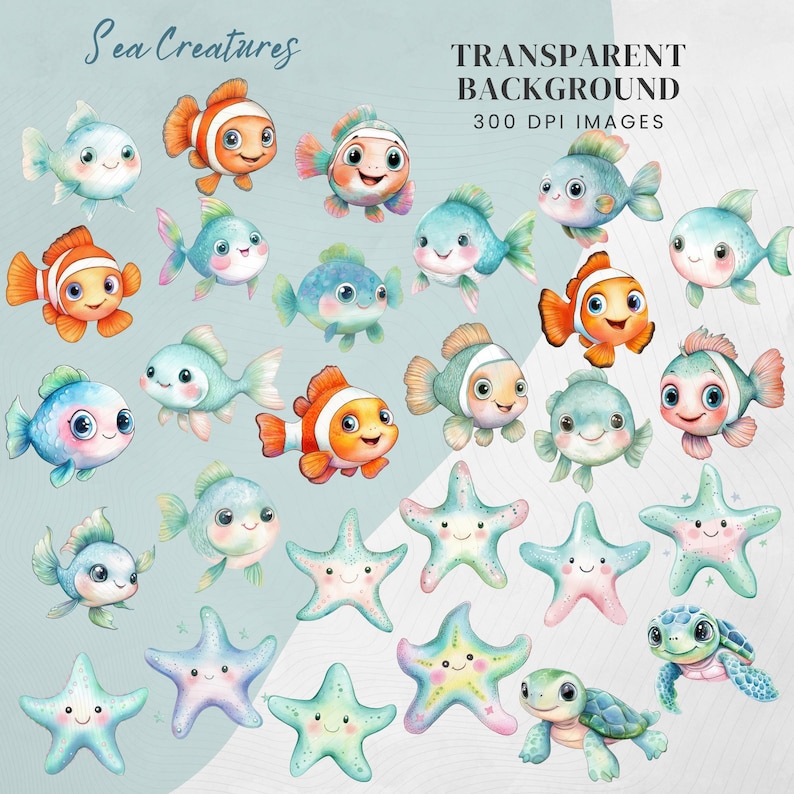 Sea Animals Clipart: Watercolour Undersea Baby Shower Nursery Art (PNG & JPG) Digital Download #DesignMediaElements