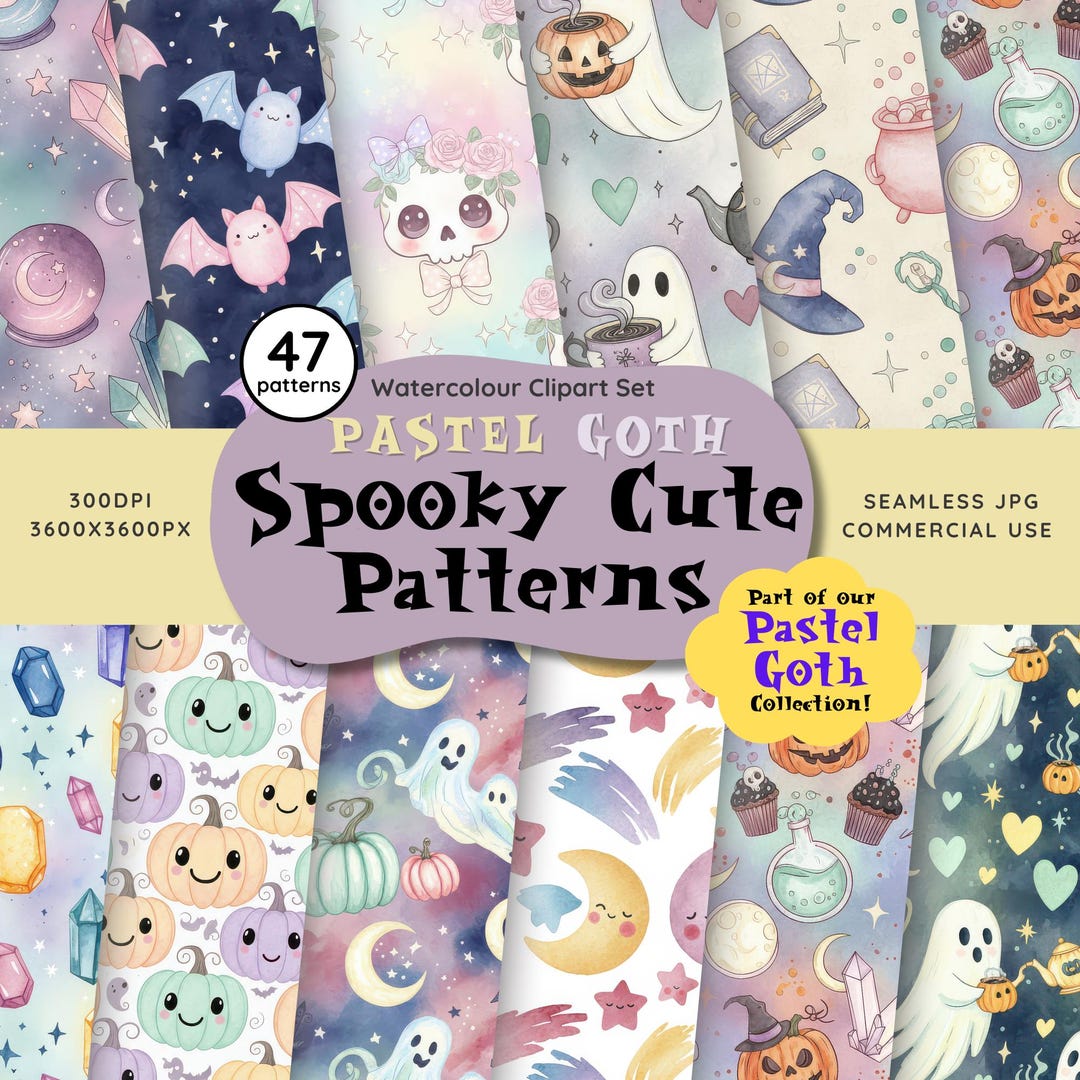 Pastel Goth Seamless Patterns: Watercolour Halloween Digital Paper ...