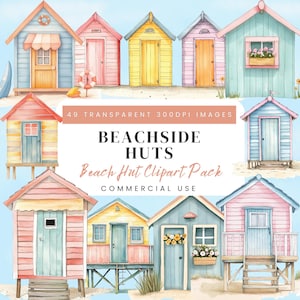 Clipart di cabine sulla spiaggia, immagini ad acquerello, cabine sulla spiaggia in riva al mare, 300 DPI, trasparenti, progetti creativi, scrapbooking, diario di scarto, creazione di biglietti