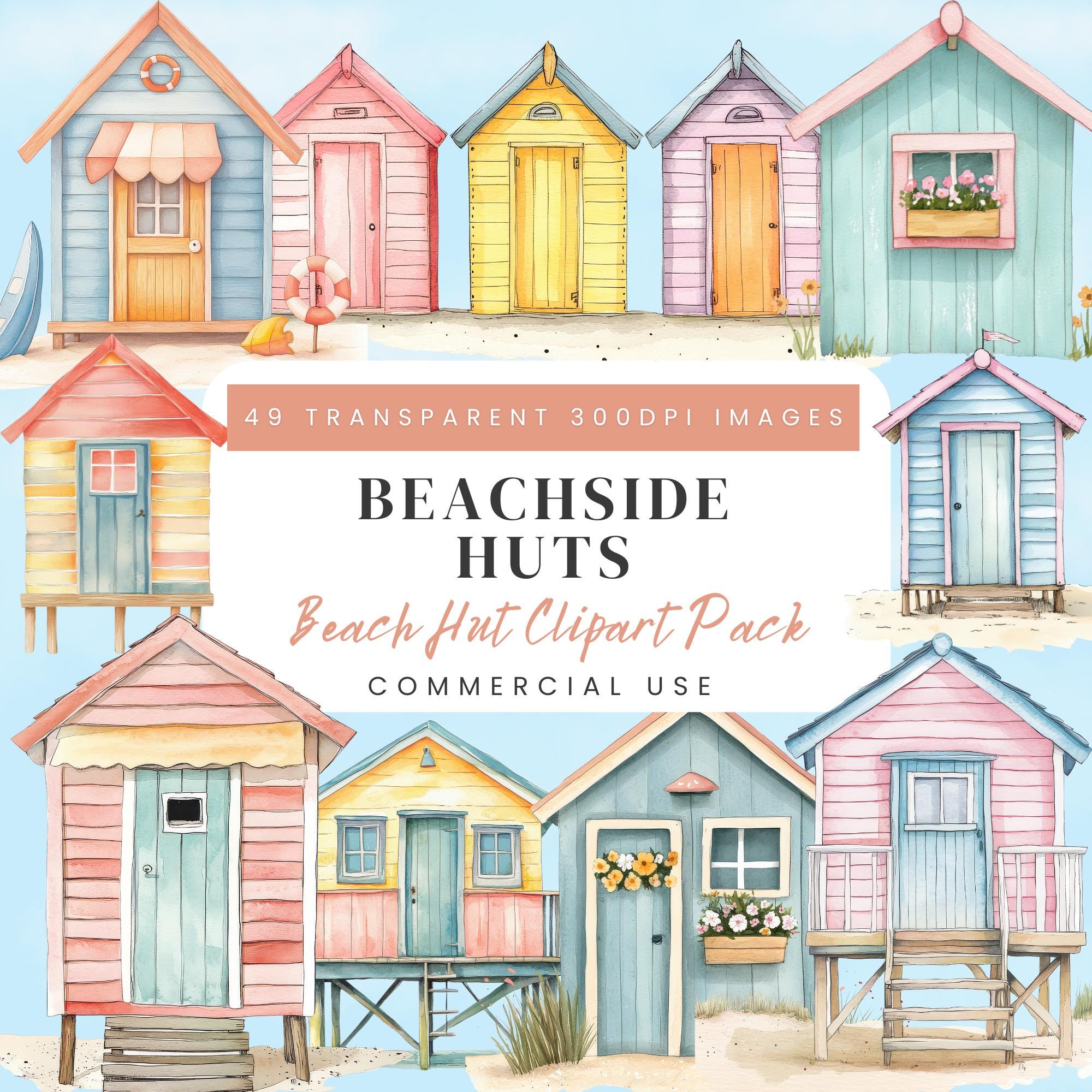 Beach Hut Clipart, Watercolour Images, Seaside Beach Huts, 300 DPI, Transparent, Creative Projects, Scrapbooking, Junk Journal, Card Making