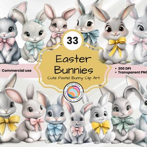 Easter Bunnies Clipart, Cute Rabbits with bows, 33 High Quality PNG, Crafts, Card Making, Scrapbooking, Sublimation, Commercial Licence