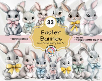 Osterhase Clipart, Kaninchen mit Schleifen, Frühling PNG (digitaler Download)