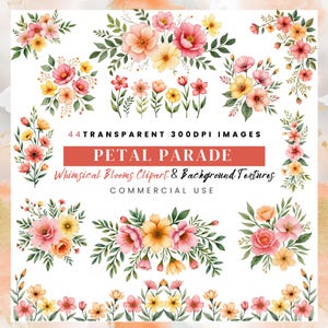 Pastel Floral Clipart, 38 Transparent PNG Flowers and Watercolour Textures, Botanical art for Wedding, Invitations, Scrapbooking & Crafts
