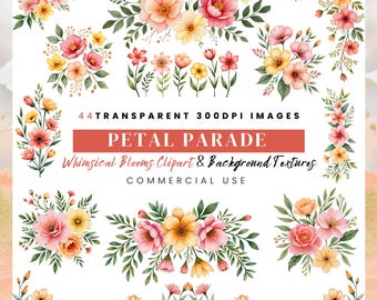 Pastel Floral Clipart: Watercolor Flowers & Textures (PNG, JPG Digital Download