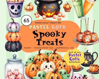 Clipart Halloween pastel gothique : citrouilles, friandises PNG (téléchargement numérique), travaux manuels, cartes, scrapbooking