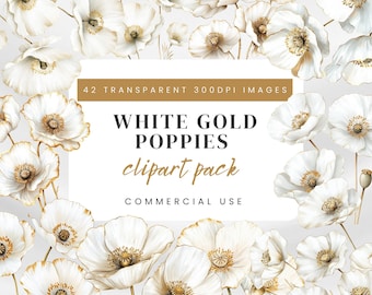 White Poppy Watercolor Clipart: Gold Floral PNG Bundle (Digital Download)