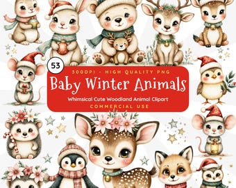 Clipart animaux de la forêt : Shower de bébé en hiver, bébés créatures, ensemble PNG, travaux manuels de Noël, cartes