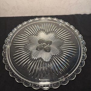 Vintage Indiana Glass Flower Sunburst 3355 Footed Cake Plate 11.25&quot; Clear Glass