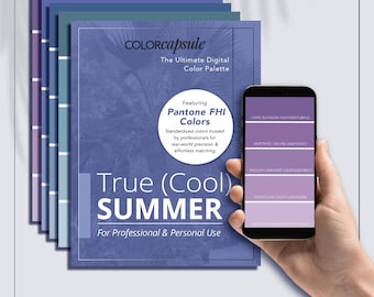 May include: A digital color palette titled "True (Cool) Summer" with a stack of color swatches in shades of blue and purple. A smartphone displays color names like "Chive Blossom" and "Amethyst Orchid". The palette is for professional and personal use.