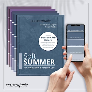 Może przedstawiać: Cyfrowa paleta kolorów dla miękkiego lata z kolorami Pantone FHI. Paleta zawiera odcienie niebieskiego, turkusowego i szarego. Tekst "Soft Summer" jest wyświetlany na palecie wraz z frazą "Do użytku profesjonalnego i osobistego".