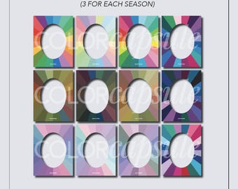 May include: Twelve color palettes, each with a circular cutout, arranged in a grid of three rows and four columns. The palettes are labeled with the text "INCLUDES 12 LETTER SIZED PDFs (3 FOR EACH SEASON)" and "COLORCapsule PANTONE MATCHED COLORS".
