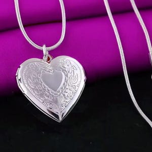Silver Heart Locket Necklace – Photo Pendant – Gift for Her