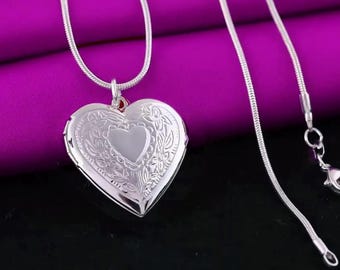 Sterling Silver Plated Heart Locket Necklace: Photo Pendant