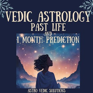 Könnte beinhalten: Digitalgrafik mit dem Text "VEDIC ASTROLOGY, PAST LIFE, AND 1 MONTH PREDICTION". Das Bild zeigt eine Frau im Profil, die in einen Sternenhimmel über einer Bergkette blickt. Die Worte "ASTRO VEDIC SOLUTIONS" stehen unten.