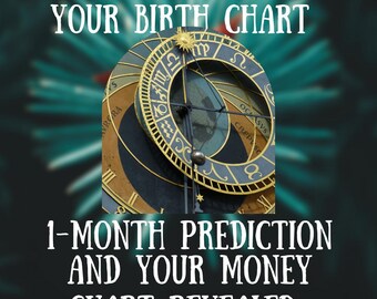 Puede incluir: Imagen de un reloj astronómico con símbolos del zodiaco. El texto "YOUR BIRTH CHART" está en la parte superior, y "1-MONTH PREDICTION AND YOUR MONEY CHART REVEALED" en la parte inferior. El reloj tiene detalles dorados y azules.
