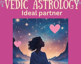 Peut inclure: Une silhouette d'une personne regardant un ciel nocturne étoilé avec deux cœurs roses flottant dans l'air. Le texte "VEDIC ASTROLOGY Ideal partner" est en haut de l'image.